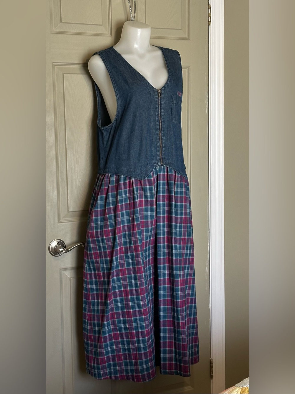 Vintage Jantzen Classics Denim & Plaid Pinafore Midi Dress - Size XL